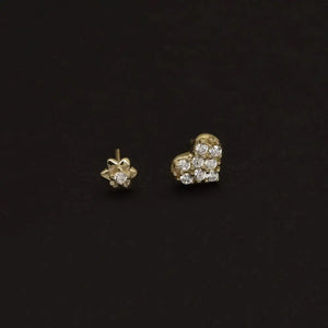 Dainty 14K Solid Gold Tiny Heart & Flower Flat Back Stud Earrings for Cartilage, Conch, Helix & Tragus.