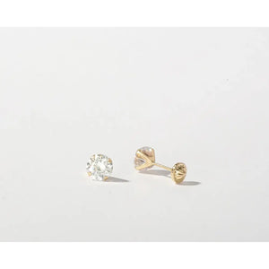 Dainty 14K Solid Gold Tiny Round CZ Diamond Screw Back Stud Earrings.