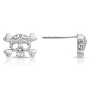 Dazzling CZ Sterling Silver Skull and Bones Stud Earrings.