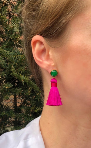 Tassel Earrings PINK with Green Jade, 925 Silver | 1 Pair