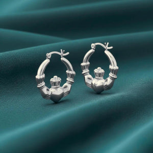 925 Sterling Silver Heart Crown Claddagh Hoop Earrings - Irish Friendship & Love Design.