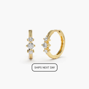 Tiny Hoop Earrings / 14K Solid Gold Three Stone Diamond Huggies / Diamond Gold Mini Hoops / Small Diamond Hoop Earrings Ferko'S Fine Jewelry