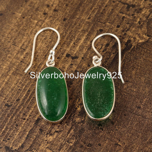 Green Jade Earrings: Oval Cabochon, 925 Sterling Silver Bezel