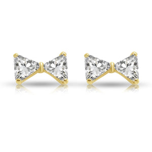14K Solid Yellow Gold Triangle CZ Ribbon Bow Studs, Screwback