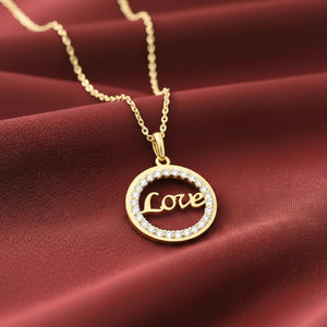 14K Solid Yellow Gold Love Script CZ Pendant Necklace with 18" Cable Chain.