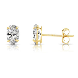 14K Solid Gold Basket Set Oval CZ Stud Earrings, with Pushbacks
