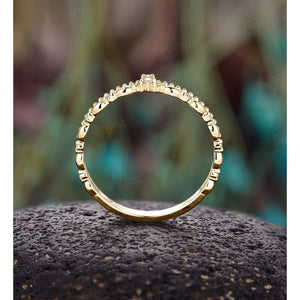 Delicate Double Diamond Wedding Band,14K Yellow Gold Ring,Vintage Milgrain Ring,Dainty Wedding Band Women,Minimalist Stacking Promise Band