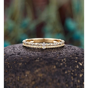 Delicate Double Diamond Wedding Band,14K Yellow Gold Ring,Vintage Milgrain Ring,Dainty Wedding Band Women,Minimalist Stacking Promise Band