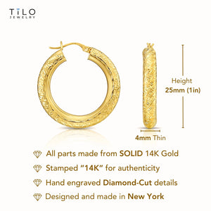 14K Yellow Gold Tornado Hoop Earrings, Bold 4Mm Chunky Gold Hoops, TILO Special Hand Engraved Designer Hoops, 1 Inch Hoops