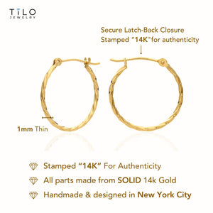 14K Yellow Gold Twisted round Hoop Earrings, 1Mm Thin, Available in All Sizes, Handmade by TILO Jewelry