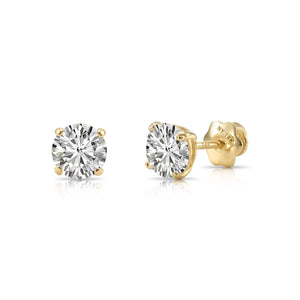14K Yellow Gold round Simulated Diamond Stud Earrings, Brilliant CZ Studs, Basket Set, Classic Screwback Studs, Unisex, by TILO Jewelry