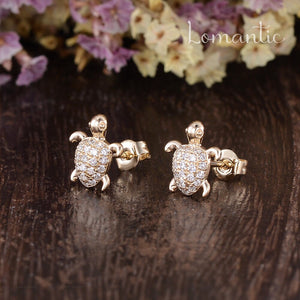 Unique Turtle Errings Natural Diamond Errings 14K Rose Gold Sea Turtle Animal Gold Errings Women Promise Anniversary Gift for Her per Pairs
