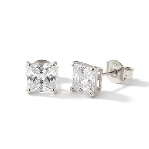 10K White Gold Princess-Cut Square CZ Studs, Pushback