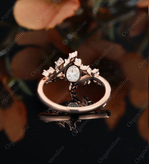 Oval Moissanite Engagement Ring Vintage Unique Marquise Cut Diamond Cluster Ring Rose Gold Engagement Ring Leaf Ring Bridal Ring Anniversary