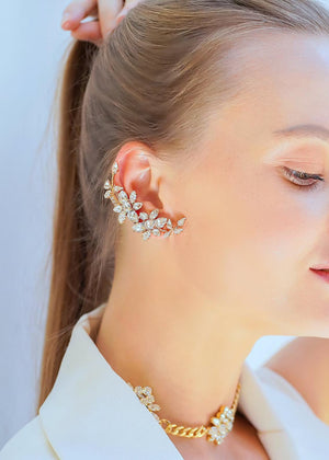 Ear Climber Earrings, Bridal Ear Cuff Earrings, Bridal Climber Crystal Earrings, Silver Ear Cuff Earrings, Trending Bridal Emerald Earrings