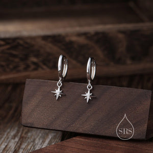 Dazzling 925 Sterling Silver Tiny CZ Starburst Huggie Hoop Earrings in Silver, Gold, or Rose Gold.