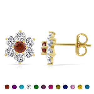Sterling Silver Gold Plated Flower Birthstone CZ Stud Earrings, 12 Colors Available