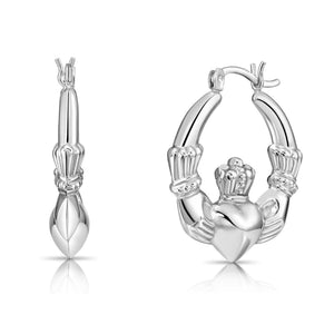 925 Sterling Silver Heart Crown Claddagh Hoop Earrings - Irish Friendship & Love Design.