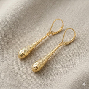 Teardrop Earrings— 14K Yellow Gold Diamond Cut, 1-3/4 Inch Leverback Drop Dangles
