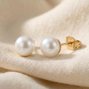 Lustrous 14K Gold Round White Freshwater Pearl Bridal Stud Earrings - Classic Gift for Her in 5mm, 6mm, 6.5mm, & 7mm.
