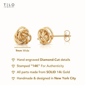 14K Gold Love Knot Stud Earrings with Hand Engraved Diamond Cuts, 9Mm, Pushback Studs