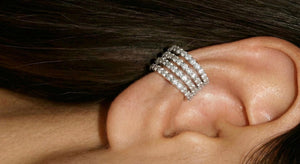 Silver Multi-Band Ear Cuff, No Piercing Sparkling Cartilage Hoop, 4-Row Pave Diamond Conch Earring
