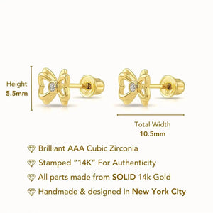 Elegant 14K Solid Yellow Gold CZ Ribbon Bow Studs with Secure Screwback Design.