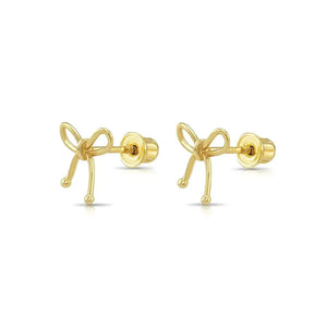 Elegant 14K Solid Yellow Gold Ribbon Bow Stud Earrings with Secure Screwback Closure.