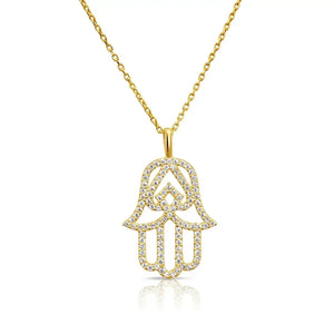 Elegant 14K Yellow Gold Hamsa Pendant Necklace with 18" Cable Chain.