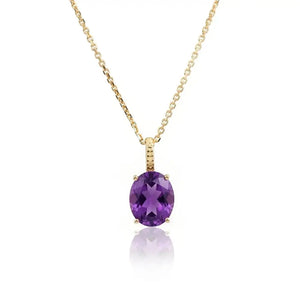 Elegant 14K Yellow Gold Oval Purple Amethyst Pendant Necklace.