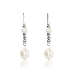 Elegant 925 Sterling Silver Double Pearl Drop Earrings - Freshwater Cultured White Pearls.