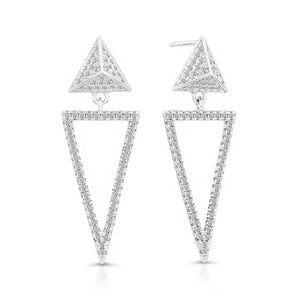 Elegant CZ Double Triangle Dangle Studs in Sterling Silver.