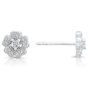 Elegant CZ Flower Stud Earrings in Sterling Silver - Timeless Sparkle for Any Occasion.