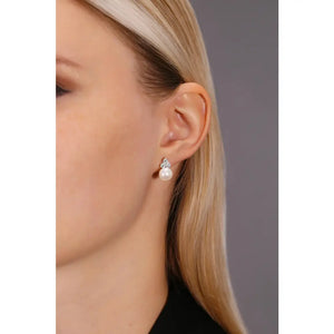 Elegant CZ Pearl Flower Stud Earrings in Sterling Silver.