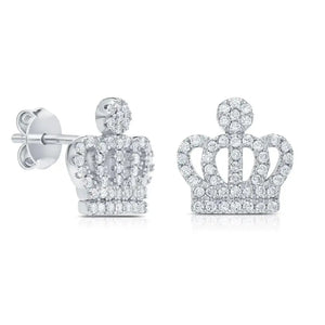 Elegant CZ Royal Crown Sterling Silver Stud Earrings.