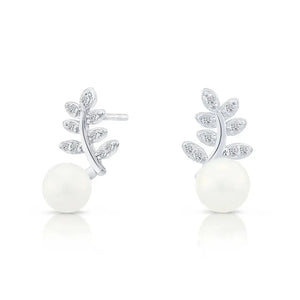 Elegant Sterling Silver CZ Floral Pearl Stud Earrings.