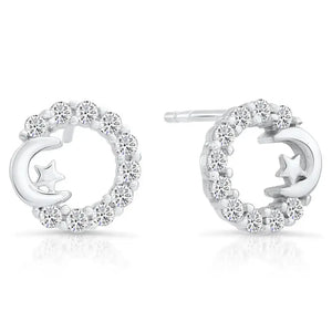 Elegant Sterling Silver CZ Open Circle Star and Crescent Moon Stud Earrings.