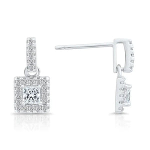 Elegant Sterling Silver CZ Square Princess Dangle Stud Earrings.