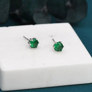 Emerald Green CZ Stud Earrings in Sterling Silver, Available in 3Mm 4Mm 5Mm 6Mm, Brilliant Cut Emerald Green CZ Earrings, Prong Set