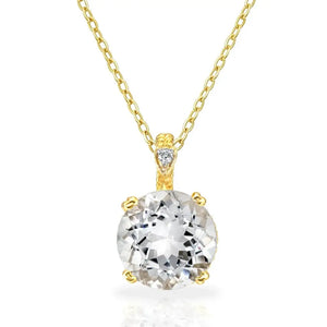Exquisite 14K Yellow Gold Quartz Gemstone and Diamond Pendant Necklace.