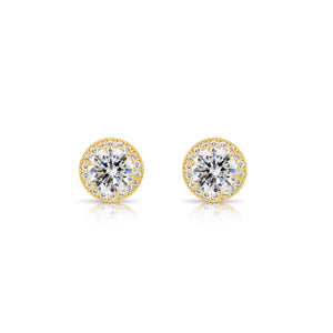 10K Yellow Gold Solitaire Halo Pushback Stud Earrings