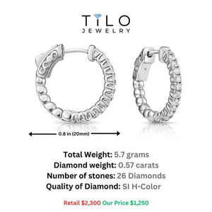 14K White Gold Diamond Half Eternity Huggie Hoop Earrings - 0.57 Carat Total Weight.