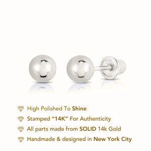 14K White Gold Classic Ball Stud Earrings with Screwbacks