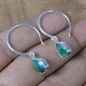 Emerald Hoop Earrings: 925 Sterling Silver Pear Drop, May Birthstone