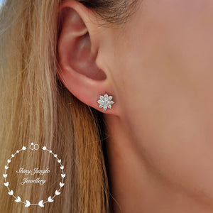 Diamond Stud Earrings, Flower Halo Diamond Simulant Studs, 14K White Gold and Rose Gold Plated Sterling Silver, Christmas Gift with Box