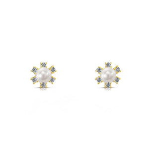 10K Yellow Gold Tiny Flower and Pearl Stud Earrings