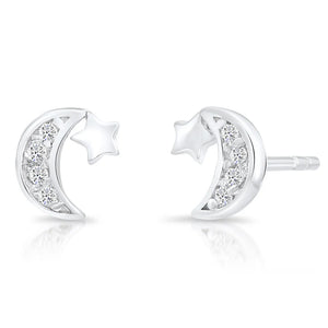 CZ Tiny Moon with Star Stud Earrings in Sterling Silver