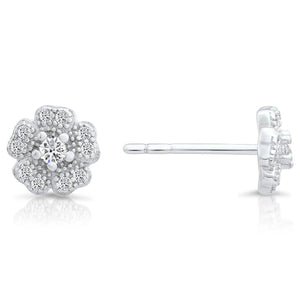 Elegant CZ Flower Stud Earrings in Sterling Silver - Timeless Sparkle for Any Occasion.