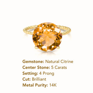 14K Yellow Gold Natural Citrine Gemstone Ring, 5 Carats