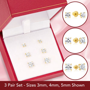 Bundle SET of 3! 14K Solid Gold Earrings, Square CZ Studs with Screwbacks